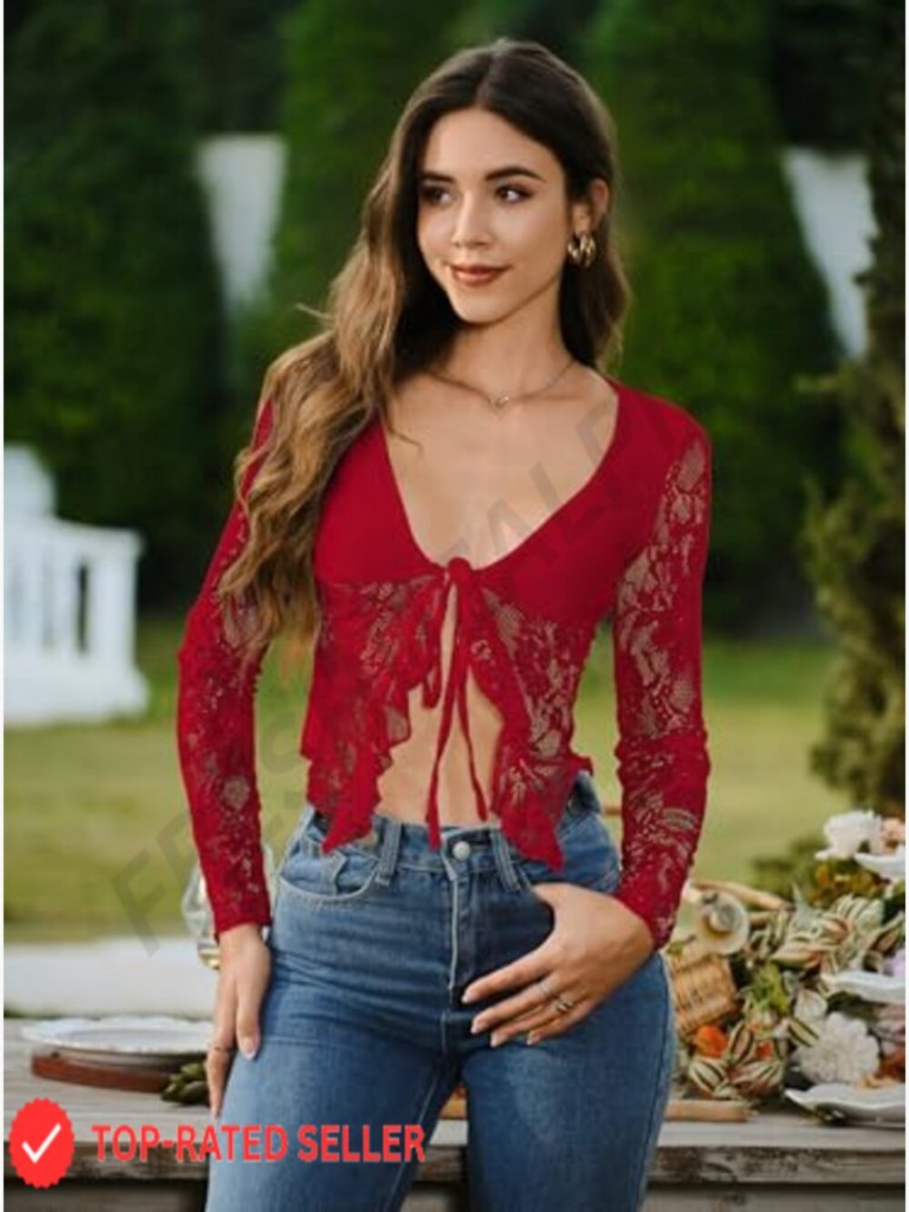Women's Long Sleeve Sheer Mesh Lace Crop Top Open Front Tie Blouse Ruffle Trim - Picture 3 of 7